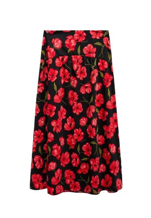 Black skirt featuring large red floral patterns with green leaves. Loose fit with a gathered waist and smooth fabric texture.