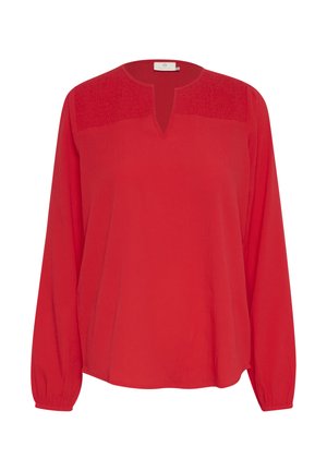 Rode blouse met lange mouwen, een ronde halslijn en een V-split, met smockdetails op de schouders en elastische manchetten.