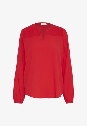 Rote Bluse mit langen Ärmeln, runder Ausschnitt und V-Ausschnitt, mit Rüschen an den Schultern und elastischen Manschetten.