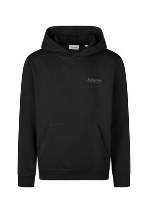 Black hoodie made of cotton blend fabric. Features a front pocket, ribbed cuffs, and a small logo on the chest. Smooth texture.