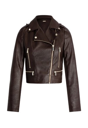 Giacca biker corta in pelle marrone con cerniere argentate, quattro tasche con zip e colletto a punta, caratterizzata da una finitura testurizzata.