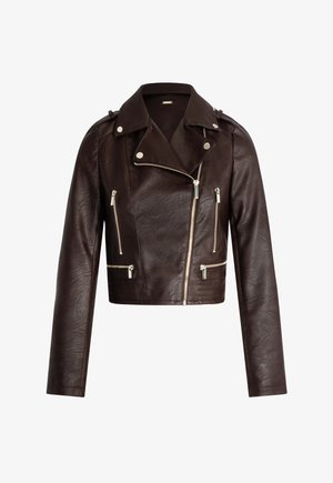 Brown leather cropped biker jacket with silver zippers, four zippered pockets, and a notched collar, featuring a textured finish.