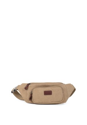 Banane en tissu beige avec deux compartiments zippés et sangle réglable avec fermeture à boucle en plastique.