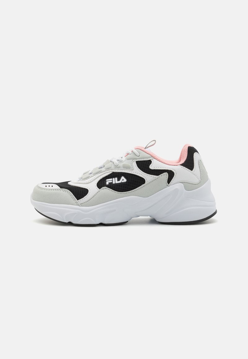 Gray and black sneaker with white accents, mesh detailing, and pink collar. Thick rubber sole with curved design. Fila logo on side.