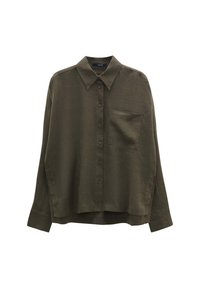 Dark green, long-sleeve button-up shirt in a soft, textured fabric, featuring a classic collar and a single chest pocket. Relaxed fit.