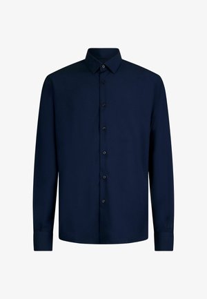 Mornarsko modra srajca z dolgimi rokavi s ovratnikom na gumb, prednjim gumbom in zategnjenimi rokavi. Izdelana iz gladkega blaga v enotni barvi.