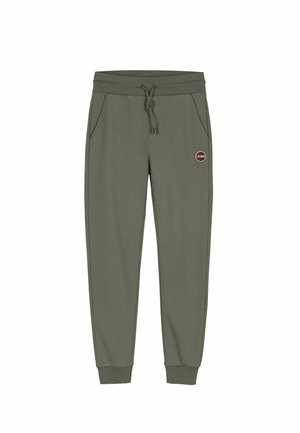 Pantaloni felpati verdi in cotone con vita elastica, stringa regolabile, tasche laterali e un patch circolare del logo sulla coscia.