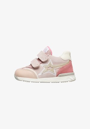 Rosa und beige Kinder-Sneaker mit Obermaterial aus Wildleder und Leder, Klettverschluss, Stern-Design und strukturiertem Schuhsohle.