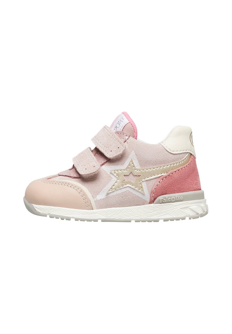 Rosa und beige Kinder-Sneaker mit Obermaterial aus Wildleder und Leder, Klettverschluss, Stern-Design und strukturiertem Schuhsohle.