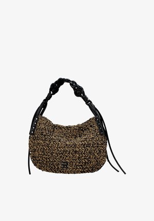 Borsa intrecciata marrone e nera con manico in pelle nera annodato e piccolo logo nero sul davanti.