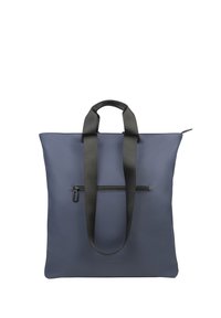 Sac fourre-tout bleu marine avec une finition lisse et mate ; dispose de deux poignées en tissu noir et d'une poche zippée à l'avant pour plus de fonctionnalité.