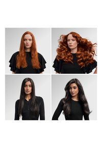 To kvinder med langt hår, vist både glat og stylet i voluminøse krøller, iført sorte toppe, mod en ensfarvet lys baggrund.