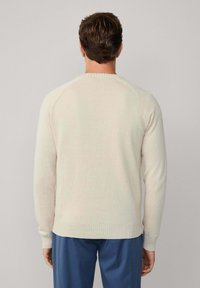 Hellbeige gestrickter Pullover mit rundem Ausschnitt, gerippten Bündchen und Saum. Verfügt über eine schlichte, glatte Textur und Raglanärmel.