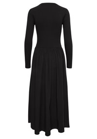 Czarna sukienka z długim rękawem, dopasowanym prążkowanym topem, swobodnym dołem i okrągłym dekoltem. Miękka struktura materiału z gładkim wykończeniem.