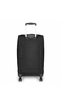 Maleta negra con ruedas, mango retráctil, textura de tela suave y cuatro ruedas giratorias para facilitar el transporte.