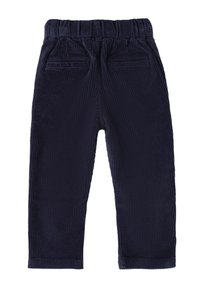 Pantalones de pana azul marino con una textura acanalada, que cuentan con una cinturilla elástica y dos bolsillos traseros.