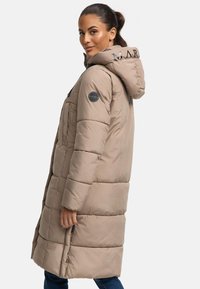 Padded beige coat with a hood, featuring a logo on the back, a zippered side pocket, and a knee-length design with horizontal seams.