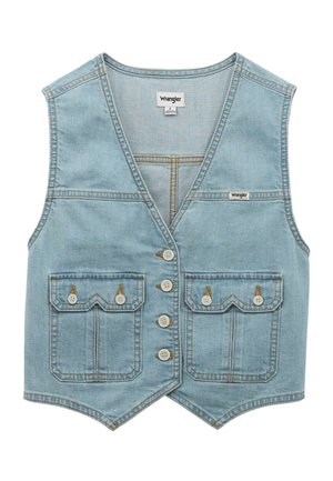 Gilet in denim azzurro chiaro con cinque bottoni frontali, due tasche con patta e bottone, etichette Wrangler sul petto e all'interno del colletto.