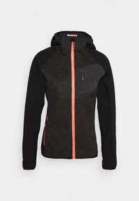 Svart och mörkgrå jacka med dragkedja fram och huva, med kontrasterande orange dragkedja och detaljer, texturerat tyg och snedställd bröstficka.