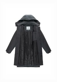 Grauer Wintermantel mit Kapuze, mit geknöpftem Vorderteil, seitlichen Taschen und glattem, gestepptem Innenfutter.