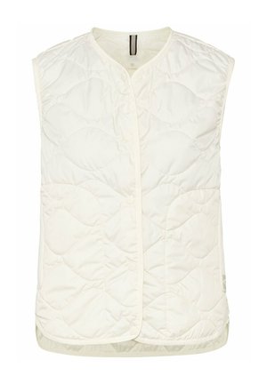 Gilet matelassé sans manches en tissu blanc cassé avec fermeture à boutons et ourlet arrondi. Présente un motif matelassé subtil en vagues.