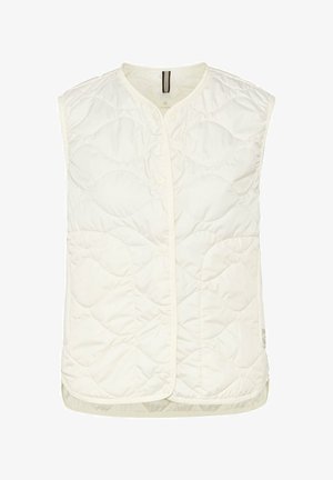Gequilted, mouwloos vest in off-white stof met knoopsluiting en ronde zoom. Heeft een subtiel, golfachtig quiltpatroon.