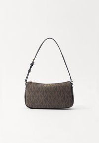 Brązowa torebka z wzorem o strukturalnym kształcie, złote logo "MICHAEL KORS" oraz pojedynczy regulowany pasek na ramię. Gładka tekstura.