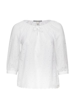 Biała bluzka z rękawami o długości trzech ćwiartek, okrągłym dekoltem, z detalem ze sznurkiem oraz haftowanym wzorem kwiatowym na całej powierzchni. Gładka faktura.