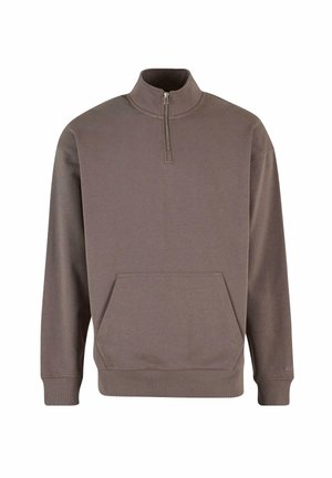 Bruine sweatshirt met kwart rits, gemaakt van zacht, gestructureerd materiaal; voorzien van een voorzak en ribgebreide mouwen en onderkant.