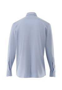 Camicia a maniche lunghe azzurro chiaro con colletto classico, caratterizzata da una texture liscia, polsini con bottone e orlo dritto. Solo vista posteriore.