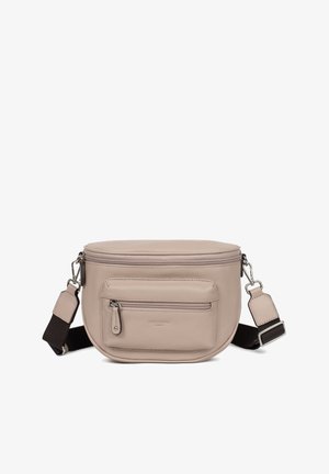 Borsa a tracolla in pelle beige con forma arrotondata, chiusura con zip superiore, tasca con zip anteriore e tracolla in tessuto regolabile. Dettagli in metallo silver.