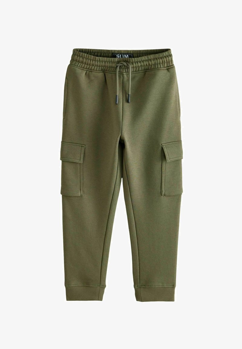 Slim fit olive green jogger pants with elastic waistband, drawstring, side cargo pockets, and ribbed cuffs.