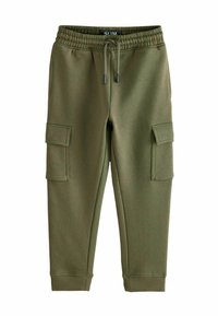 Olivgrüne Slim-Fit-Jogginghosen aus weichem Stoff; Merkmale sind ein elastischer Bund, Kordelzug und Seitentaschen.