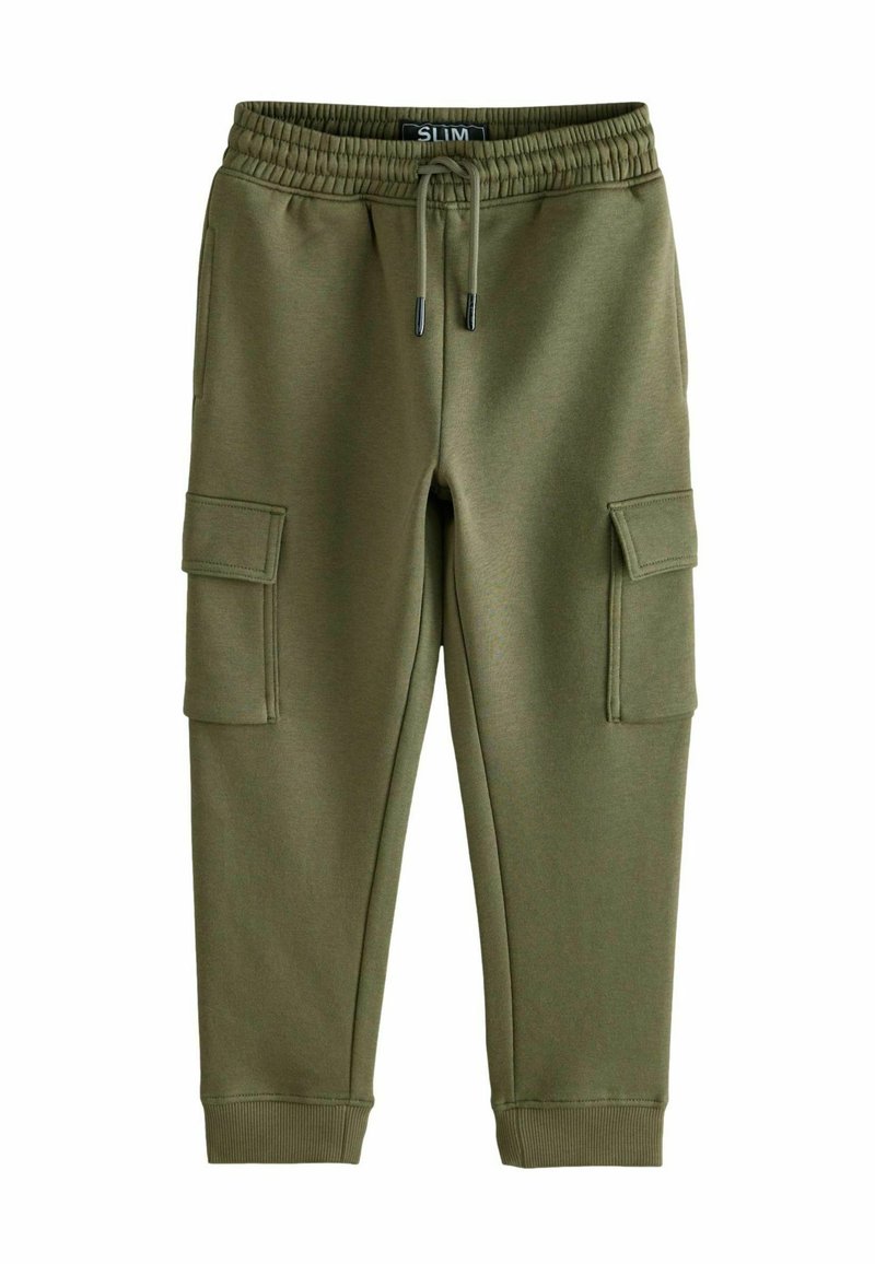 Olivgrüne Slim-Fit-Jogginghosen aus weichem Stoff; Merkmale sind ein elastischer Bund, Kordelzug und Seitentaschen.