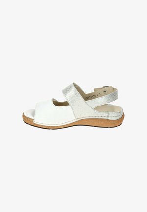 Open-toe white and silver sandal with two straps and a cork-textured sole, designed for comfort and casual wear.