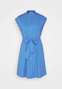 Blauwe blousejurk met kraag, korte mouwen en een gestrikte taille. Gemaakt van gladde stof met een uitlopende rok en zilveren knopen.