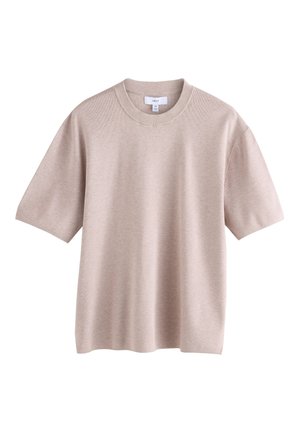 Beige knit t-shirt with a round neckline and short sleeves. Features a soft texture and relaxed fit. Minimalist design, no visible patterns.