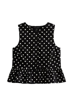 Sleeveless black blouse with white polka dots, front button closure, round neckline, and ruffled hem.