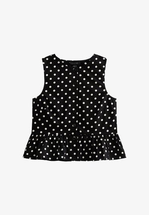 Sleeveless black blouse with white polka dots, front button closure, round neckline, and ruffled hem.