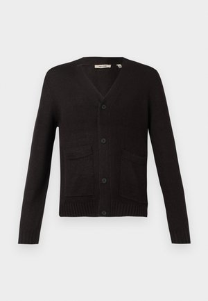 Černý pletený cardigan s výstřihem do V, předním zapínáním na knoflíky a dvěma předními kapsami. Žebrované manžety a lem, strukturovaná tkanina.