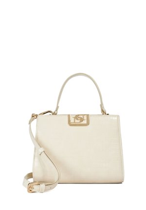 White textured handbag made of faux leather, featuring a gold hardware clasp and a detachable shoulder strap. Square shape with structured design.