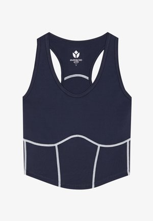 Ναυτικό αθλητικό μπλουζάκι με σχεδιασμό racerback, που διαθέτει αντίθετες λευκές ραφές και γραμμή εφαρμογής. Κατασκευασμένο από ελαστικό ύφασμα.