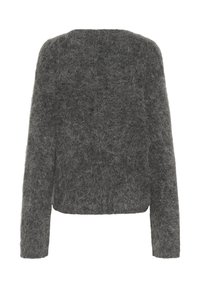 Pull en gris flou à la coupe carrée, manches longues et col rond. Texture douce avec un motif de tricot lâche, sans fermetures visibles.