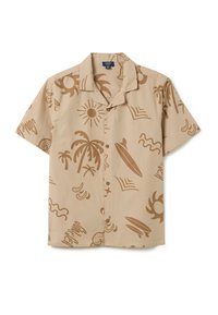 Beige overhemd met korte mouwen, voorzien van een bruin tropisch en zonnenpatroon, met een kraag, knoopsluiting aan de voorkant en zachte, gladde stof.