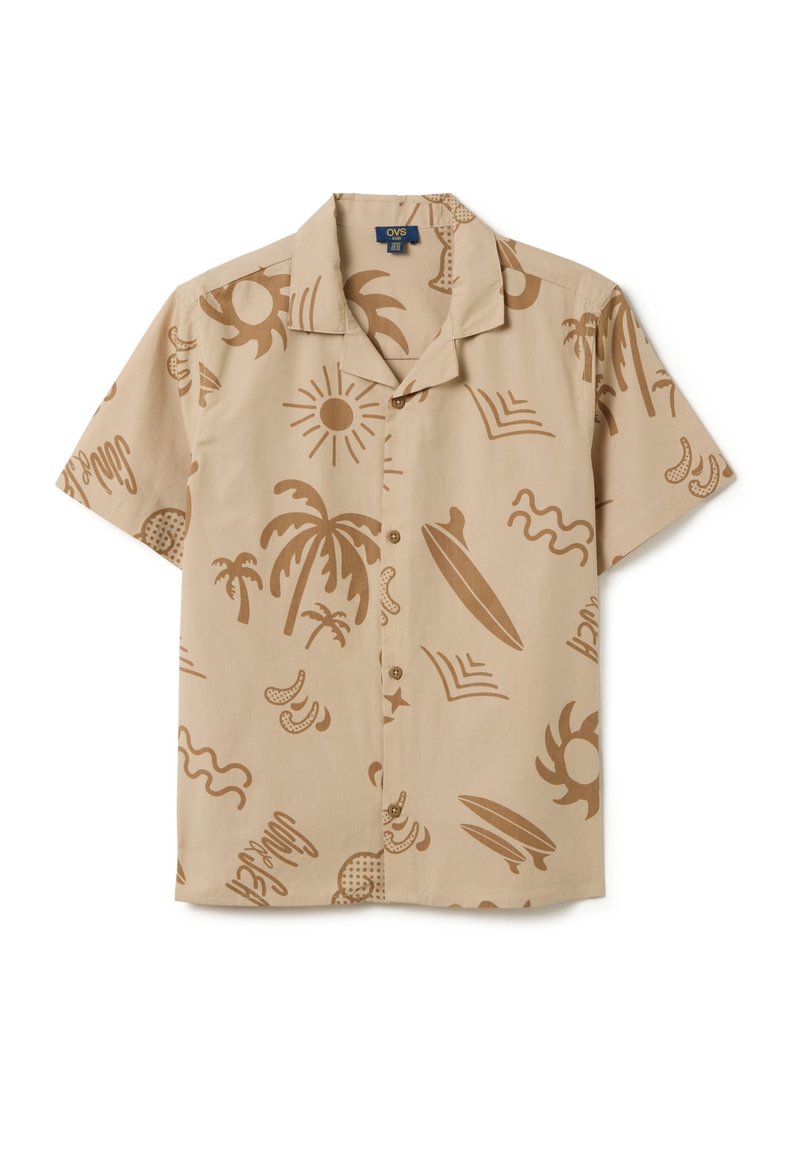 Beige overhemd met korte mouwen, voorzien van een bruin tropisch en zonnenpatroon, met een kraag, knoopsluiting aan de voorkant en zachte, gladde stof.