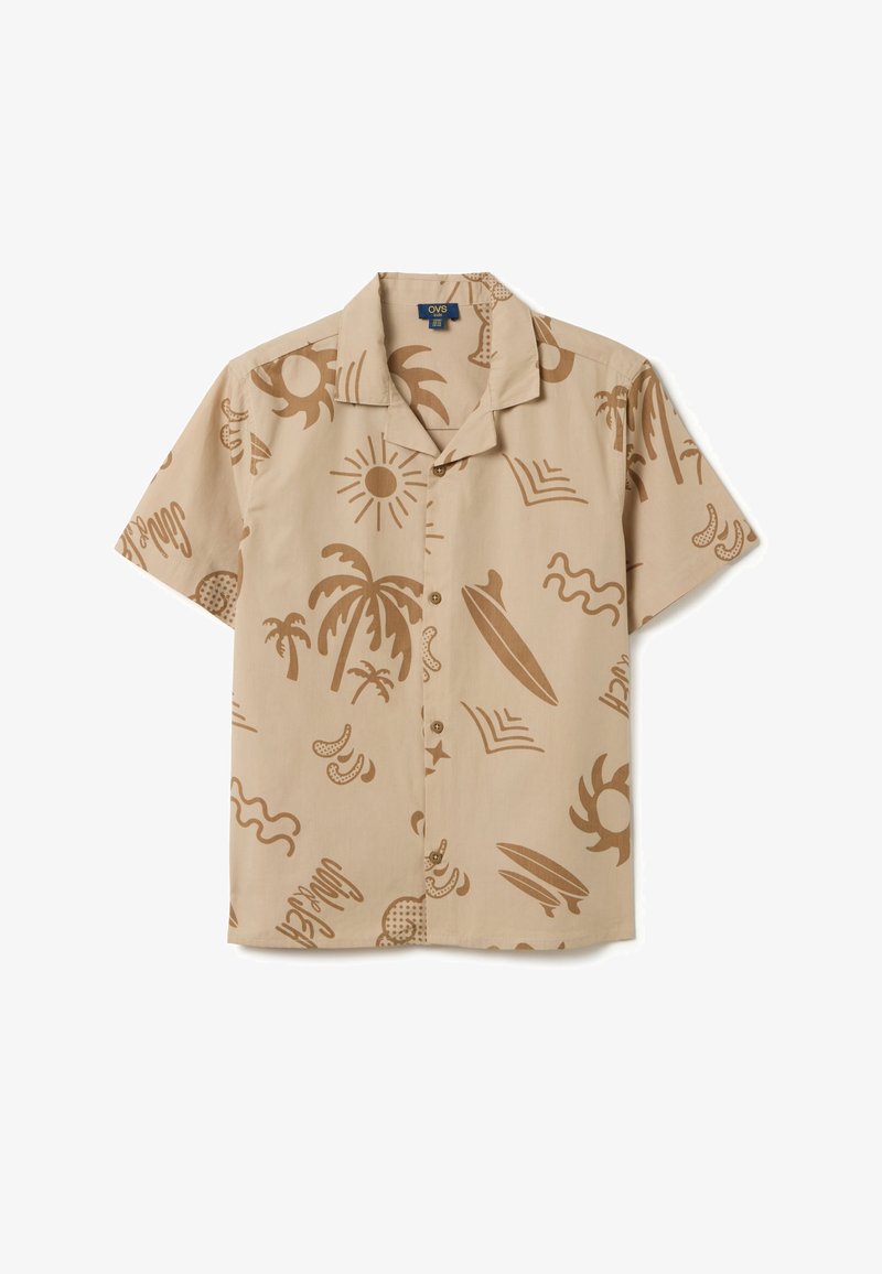 Beige overhemd met korte mouwen, voorzien van een bruin tropisch en zonnenpatroon, met een kraag, knoopsluiting aan de voorkant en zachte, gladde stof.