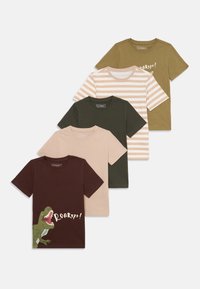 Vijf T-shirts tentoongesteld: donkerbruin met een dinosaurusafbeelding, beige, donkergroen, gestreept roze en beige, en olijfgroen. Alle hebben korte mouwen.