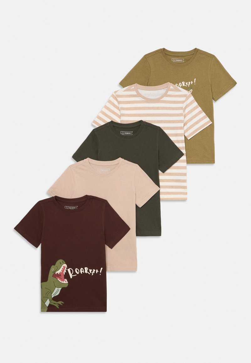 Five T-shirts displayed: dark brown with dinosaur graphic, beige, dark green, striped pink and beige, and olive green. All have short sleeves.