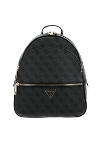Sac à dos synthétique noir avec une forme arrondie, présentant un motif monogramme texturé, des fermetures éclair en argent et un accent logo triangulaire.