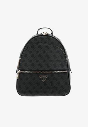 Sac à dos synthétique noir avec une forme arrondie, présentant un motif monogramme texturé, des fermetures éclair en argent et un accent logo triangulaire.